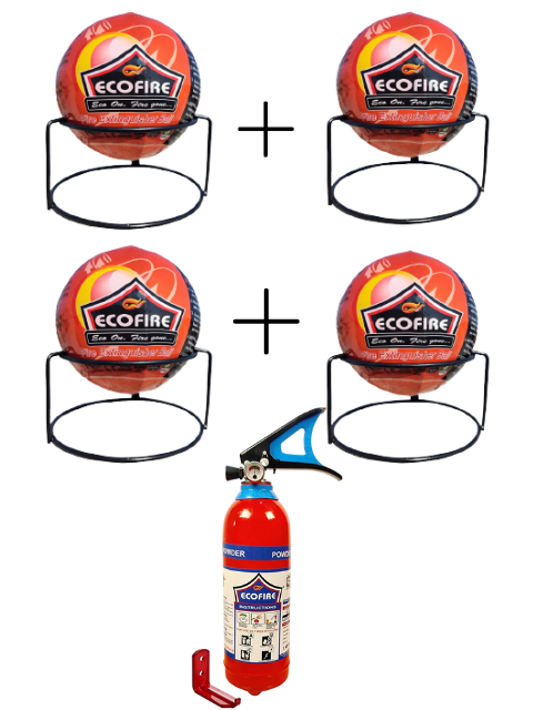 Eco Fire ABC Powder Type Fire Extinguisher In Capacity 1 kg + Fire Extinguisher Ball With Stand ( 150 MM Diameter ) Pack Of 4 